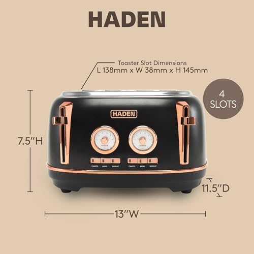 Haden Dorset 4 Slice Wide Slot Stainless Steel Toaster, Black & Copper - Image 4