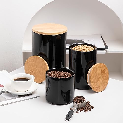 Sweejar Ceramic canisters for kitchen counter,Stackable Food Containers Set with Airtight Seal Bamboo Lid for Serving Ground Coffee, Tea, Spice, Flour and Sugar-Set of 3 (Black) - Image 4