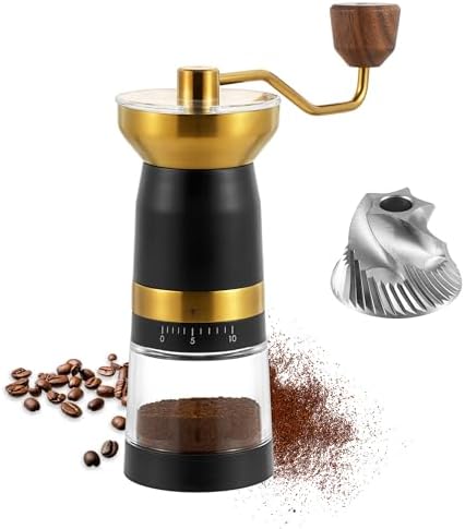 VEVOK CHEF Manual Coffee Grinder 10 External Adjustment Fashion Bean Grinder Stainless Steel Double Bearing Conical Burr Portable Hand Coffee Mill for Home,Camping,Gold by VEVOKCHEF