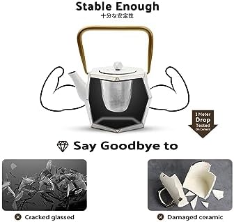 Toptier Cast Iron Teapot, Stovetop Safe Japanese Cast Iron Tea Kettle, Diamond Design Tea Pot with Removable Infuser for Loose Tea, 30 Ounce (900 ml), White - Image 3