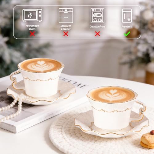 Tea Cups and Saucers Set of 2, 6.4oz Stackable Porcelain Coffee Cup, YFH16 - Image 7