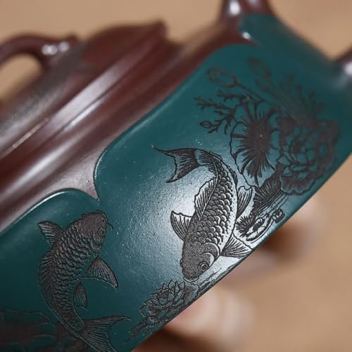 Kettle Teapot Vintage Green Clay Flat Personal Teapot Creatively Depicting Tea Ceremony Tea Infuser Portable Water Teapot - Image 3