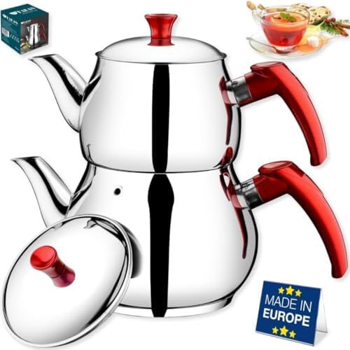 Hakan Teapot Set with Self Strainer Double Lids, Stainless Steel Maxi Double Bondy Tea Pot Set, Turkish Samovar Style, Tea Kettle for Loose Leaf Tea with Bakelite Handle | 1.25 + 2.10 Qt. by HAKAN