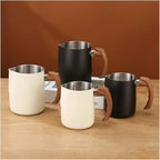 2pcs Stainless Steel Milk Frothing Pitcher Set with Wooden Handle - Precision Scale Latte Art Coffee Mugs (White) - Image 3