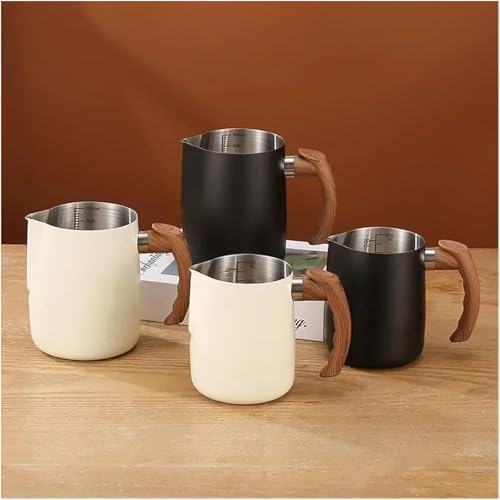 2pcs Stainless Steel Milk Frothing Pitcher Set with Wooden Handle - Precision Scale Latte Art Coffee Mugs (White) - Image 3