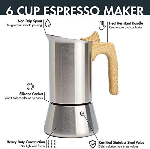 Primula Premium Stainless Steel Stovetop Espresso and Coffee Maker, Moka Pot for Classic Italian Style Café Brewing, 6-Cup, Wood Look Handle - Image 2