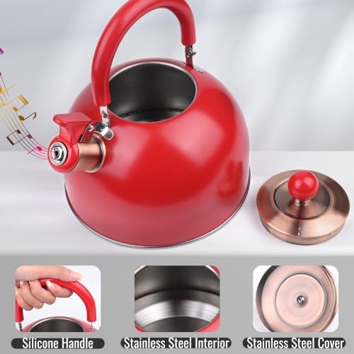 V&L 2.6 Qt Red Whistling Tea Kettle for Stovetop - Image 5
