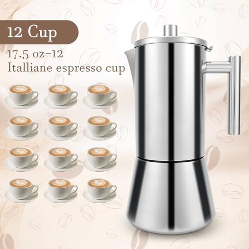 Gugxiom Stovetop Espresso Maker, 12Cup 17.5 oz Moka Pot, Stainless Steel Italian Coffee Machine Maker, Cuban and Italian Coffee Maker, Coffee Gift for Home Travel - Image 3