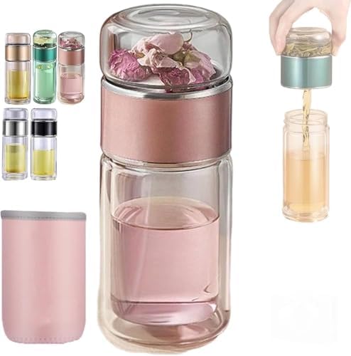 Double Glass Tea Infuser Bottle with Filter & Lid, 3-in-1 Smart Tea Infuser,Portable 3-in-1 Tea Maker for Loose Leaf, Hot or Cold Ready. (Pink,420ml) by Unknown