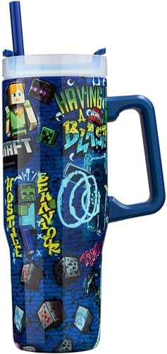 Get Trend Minecraft Tumbler with Handle and Straw 32 oz, Keeps Hot 8 Hrs, Cold 12H & Ice 42H, BPA-Free Insulated Stainless Steel Water Bottle, Travel Mug, Gamer Gifts (Blue Minecraft) by GetTrend