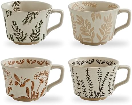 12 oz Vintage Ceramic Coffee Mug Set of 4 - Handmade Stoneware Pottery Countryside Farmhouse Fall Autumn Tea Mugs with Big Handle for Latte,Cocoa,Dishwasher & Microwave Safe Cups (Plants) by SwuutKitchen