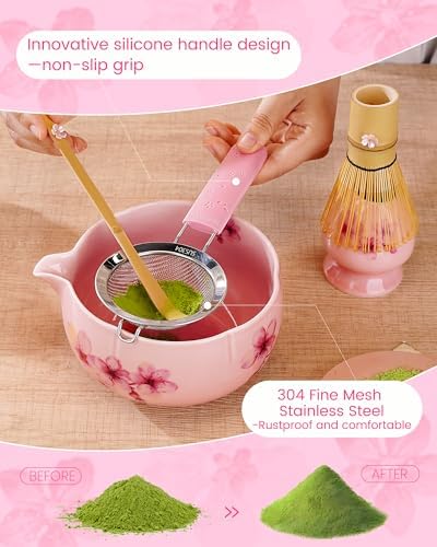Matcha Whisk Set, Matcha Set Includes Large Matcha Bowl, Bamboo Whisk & Scoop with Cute Charm, Chasen Holder, Innovative Sifter, Tea Mat, 6pcs Matcha Kit Set for Latte Making - Image 3