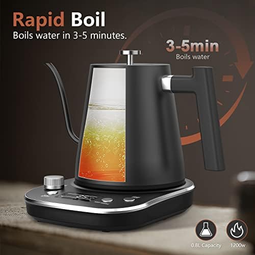 Nicebay Electric Gooseneck Kettle, Kettle with Heating Base Buttons and LED Display, Pure Stainless Steel Inner Tea 1200W Fast Heating, Pour Over Coffee 0.8L, Black, (SK-0804) - Image 2