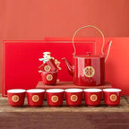 Wedding Tea Set, Chinese Traditional Wedding Decoration Double Happiness Porcelain Red Wedding Tea Set, Kung Fu Tea Set, Handmade Porcelain Ceramic 1 Tea Pot 6 Tea Cups 1 Gift box For Married Couples by Unknown