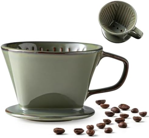 Gomakren Ceramic Asian Soup Spoons Set of 6, 6.5in Ramen Pho Spoons & Ceramic Pour Over Coffee Dripper, 3-Hole Cone Brewer by Gomakren