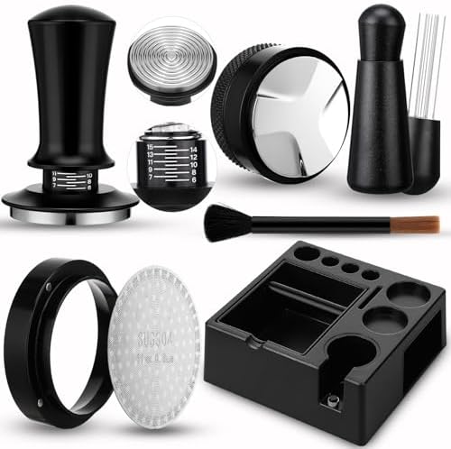 53mm Black 7 Pcs Espresso Accessories Kit with Tamping Station, Calibrated Spring Loaded Tamper, Coffee Distributor, WDT Tool, Magnetic Dosing Funnel, Barista Coffee Prep Set (Plastic) by Acellegic