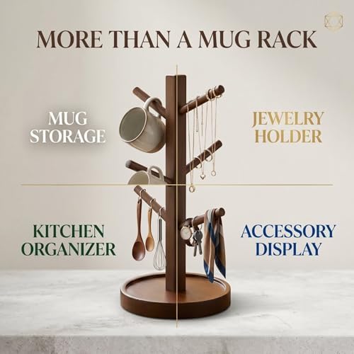 Water Based Lacquer Bamboo Mug Tree, Countertop Cup Organizer, 4 Branch Drip Proof Stand for Mugs, Wine Glasses & Coffee Cups, 11in - Image 6