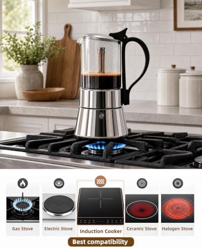 5 Cup Glass Moka Pot 10 oz, Stovetop Espresso Maker, Visible Borosilicate Glass Top & Stainless Steel, Secure Handle, Induction Gas Electric, Portable - Image 5