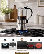 5 Cup Glass Moka Pot 10 oz, Stovetop Espresso Maker, Visible Borosilicate Glass Top & Stainless Steel, Secure Handle, Induction Gas Electric, Portable - Image 5