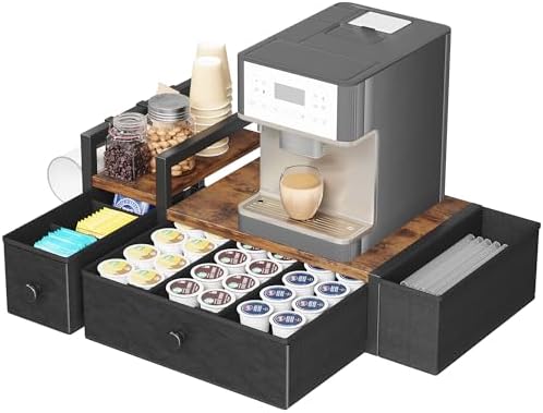 Homeiju Coffee Pod Drawers - K Cup Organizer, Nespresso Pods Holder with Mug Rack, Coffee Holder for Countertop, 52 Capacity Pods, Suitable for Kitchens, Offices and Coffee Bars(Brown) by Homeiju