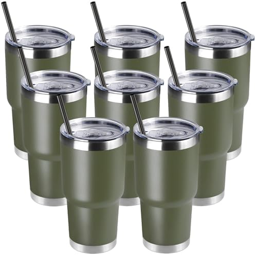 DOMICARE 30oz Tumbler Bulk with Lid and Straw, Double Wall Travel Coffee Mug, Insulated Vacuum Stainless Steel Tumblers, Powder Coated Tumbler Cup (Army Green, 8) by VisittheDOMICARE
