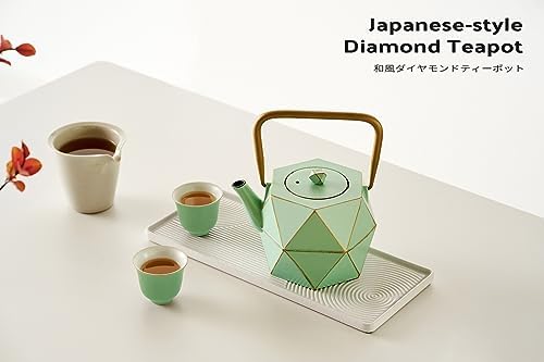 Toptier Cast Iron Teapot, Stovetop Safe Japanese Cast Iron Tea Kettle, Diamond Design Tea Pot with Removable Infuser for Loose Tea, 30 Ounce (900 ml), Light Green - Image 2