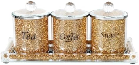 Topsky Coffee Sugar Tea Crystal Canister Set of 4,Sparkly Crystal Crushed Diamonds Home Decor,Silver Kitchen Coffee Jar Storage Set with Label & Lid,Storage Container Set for Countertop,Dining Room - Image 7