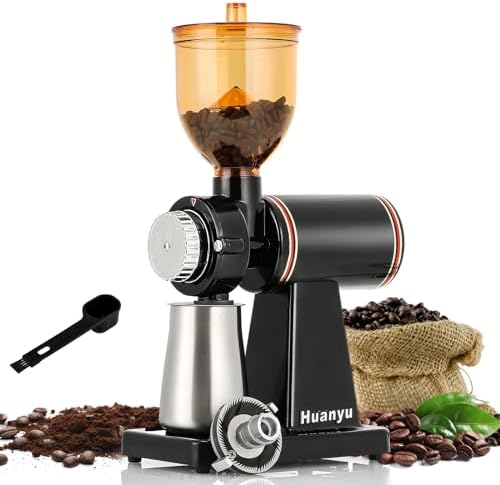 Huanyu 60mm Flat Burr Coffee Grinder, 8 Grind Settings for Home Brew Black by Huanyu