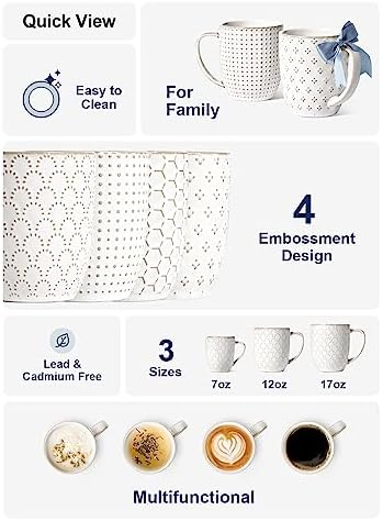 LE TAUCI Coffee Mugs 12 oz, Ceramic Mug Set Set of 4, Embossment Cups for Espresso, Latte, Tea, Cocoa, Cappuccino & Mocha, Dishwasher Oven Microwave Safe - 3.4 inch, Arctic White - Image 5