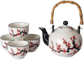 Japanese Cherry Blossom Design Ceramic Tea Set 30 fl oz Teapot and 4 Cups with Stainless Steel Tea Infuser Bamboo Handle by HinomaruCollection