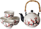 Japanese Cherry Blossom Design Ceramic Tea Set 30 fl oz Teapot and 4 Cups with Stainless Steel Tea Infuser Bamboo Handle by HinomaruCollection