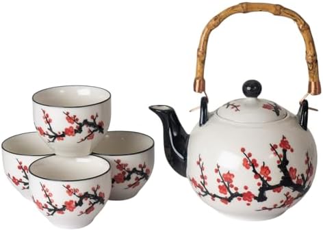 Japanese Cherry Blossom Design Ceramic Tea Set 30 fl oz Teapot and 4 Cups with Stainless Steel Tea Infuser Bamboo Handle by HinomaruCollection