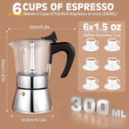 6 Cup 300ml Glass Moka Pot, Stovetop Espresso Maker, Silver - Image 5