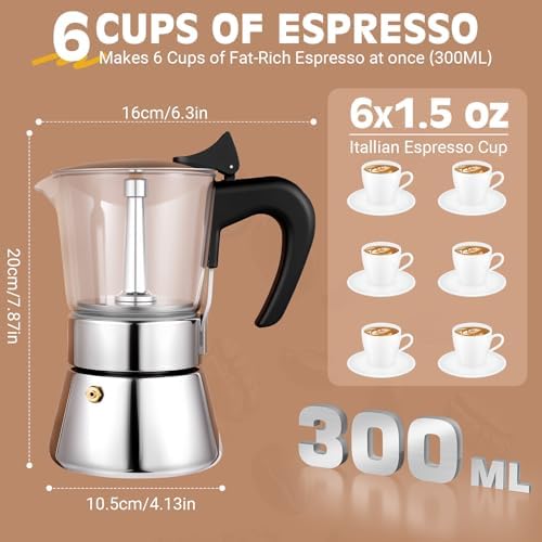 6 Cup 300ml Glass Moka Pot, Stovetop Espresso Maker, Silver - Image 5