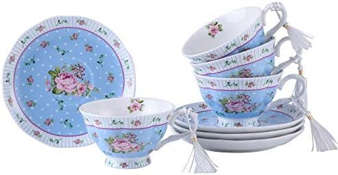 London Boutique Coffee Tea Cup and Saucer Set 4 Shabby Chic Vintage Porcelain Bird Butterfly Flora Gift Box 7.5OZ (Rose Blue) - Image 2