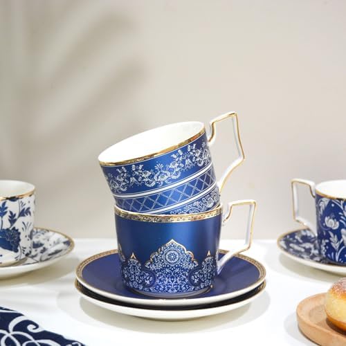 ACMLIFE Bone China Tea Cups and Saucers Set of 4, 6.8 oz Blue and White Tea Cups Set of 4, with Gold Trim and Gift Box (Blue-4) - Image 3