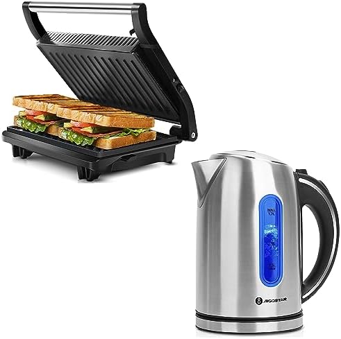 Aigostar 2 Slice Panini Press and 1.7L Electric Stainless Steel Kettle Bundle by Aigostar