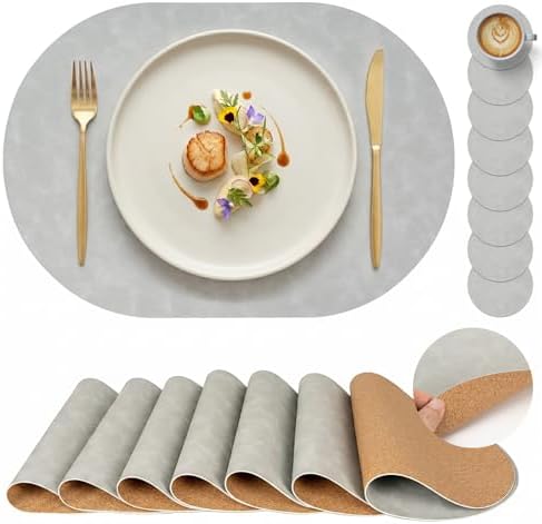 Premium Oval Faux Leather Placemat & Coaster Set with Innovative Cork-Look Printed Base，4/6/8-Piece Sets & 8 Colors，Non-Slip Dining Table Mats for Kitchen Dining by Promattoo