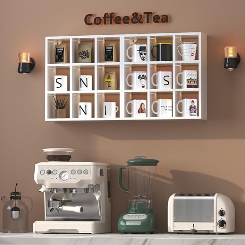 Helsin 9 Grid Vintage Coffee Mug Display Rack, 16inch Wall Mounted Wooden Curio Shadow Box Shelf, Cup Floating Shelves Display and Organizer (White) - Image 4