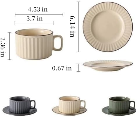 LOWYEPAULHO Cappuccino Cups with Saucers, 8 oz CeramicVertical Stripe Coffee Cup and Saucer set for Au Lait, Double shot, Latte, Cafe Mocha, Set of 4 - Image 3