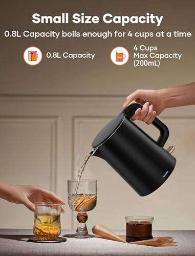 Small Electric Kettle, 0.8L Water Boiler & Heater, 1000W Hot Tea Pot, Double Wall Stainless Steel Cool Touch, Mini Coffee Kettle with Auto Shut Off & Boil Dry Protection, BPA-Free, Black Gold - Image 4