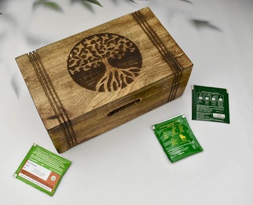 Engraved Hardwood Tea Chest with 6 Compartments, Tea Bag Storage Organizer for Kitchen, Pantry & Countertop, Multi-Purpose Wooden Container, 10 x 6 Inch by IndiaHouse