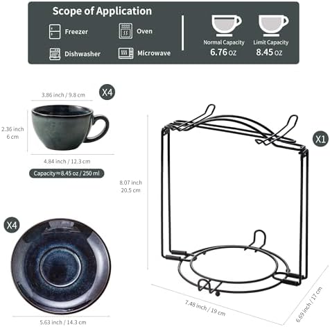 4 Sets of 8 oz Green Reactive Glaze Coffee Cups with Saucers, Ceramic Espresso Cups Set with Black Metal Stand – Unique Variegated Finish Stoneware Demitasse for Latte, Cappuccino or Gift - Image 3