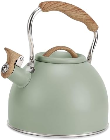 Tea Kettle, Vegoran 100 OZ / 3 Liter Whistling Tea Kettle, Tea Pots for Stove Top Food Grade Stainless Steel with Wood Pattern Folding Handle, Loud Whistle Kettle for Tea, Coffee, Milk (Green) by Vegoran