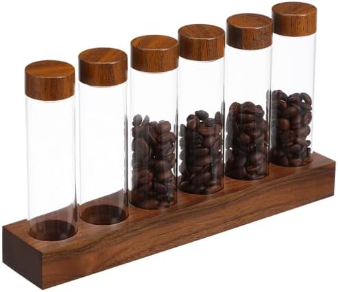 Coffee Bean Storage Tubes with Wood Stand, 6 Pack Glass Vials for Display by Unknown