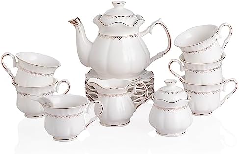 Sweejar Porcelain Tea Set With Gold Trim - Ceramic Tea pot and Sugar & Creamer Pitcher, Delicate Tea Cup and Saucer Set of 6, Suitable for daily life by Sweejarco1949