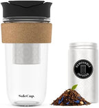 Large Travel Mug Loose Tea Infuser - Detachable Tea Strainer with Spill Proof Lid - 18oz/530ml BPA-Free Reusable Glass Travel Coffee Cup with Cork Band (Black, 18oz) by SoleCup