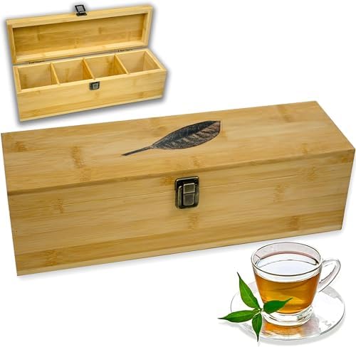 Bamboo Tea Organizer Box Chemical Free Eco-Friendly Big, Tall, Adjustable Cubbies Natural Wooden Storage Chest (4-Slot Across 14.3" x 4.4" x 4.2" with Tea Leaf design) by ZenEarthInspired