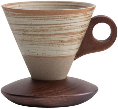 Farm Vintage Funnel Coffee Cups Set 7 Oz Ceramic Latte Mug With Saucer,Khaki Brown Espresso Cups, Cappuccino Cups,Tea Cup with Wooden Saucer and Handle Set CM08 by Unknown