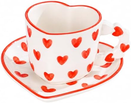 Red Cute Heart Shaped Coffee Mug with Saucer, 260ML Ceramic Tea Cup with Heart Handle, Aesthetic Latte Cappuccino Mug for Coffee Tea, Gift for Women Girls by HDJNal